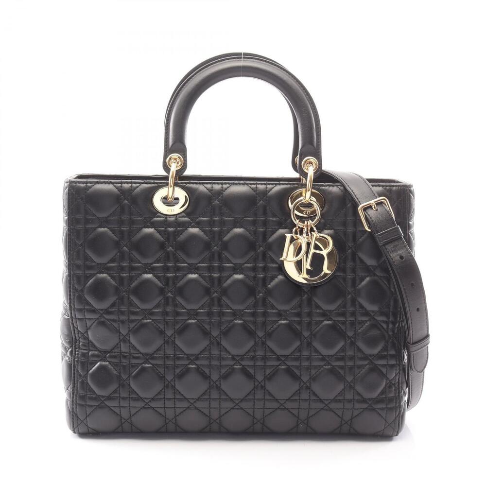 Christian Dior Lady Cannage Handbag Leather Black